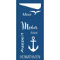 Een blauw, rechthoekig bord met witte tekst zoals "Zee", "Hoi" en "Pauze", plus een meeuw en een anker - perfect voor strandvakantie-sfeer. Past uitstekend bij SACCHETTO 190x85 mm - Meer Plezier van Duni GmbH, ook verkrijgbaar als verpakking (100 stuks).