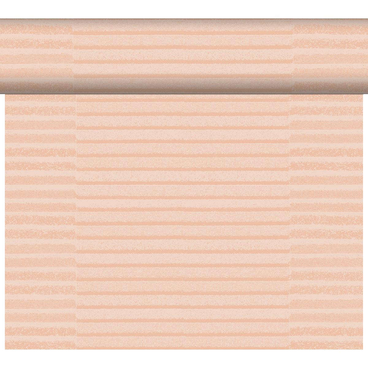 Het DC-Tete a Tete 0,4x24m Tessuto dusty pin van Duni GmbH toont een lichte perzikkleurige achtergrond met horizontale, gestructureerde strepen in verschillende perzik- en beigetinten, geïnspireerd door hoogwaardige stof. De patronen zijn gelijkmatig over de elegante tafeldecoratierol verdeeld.