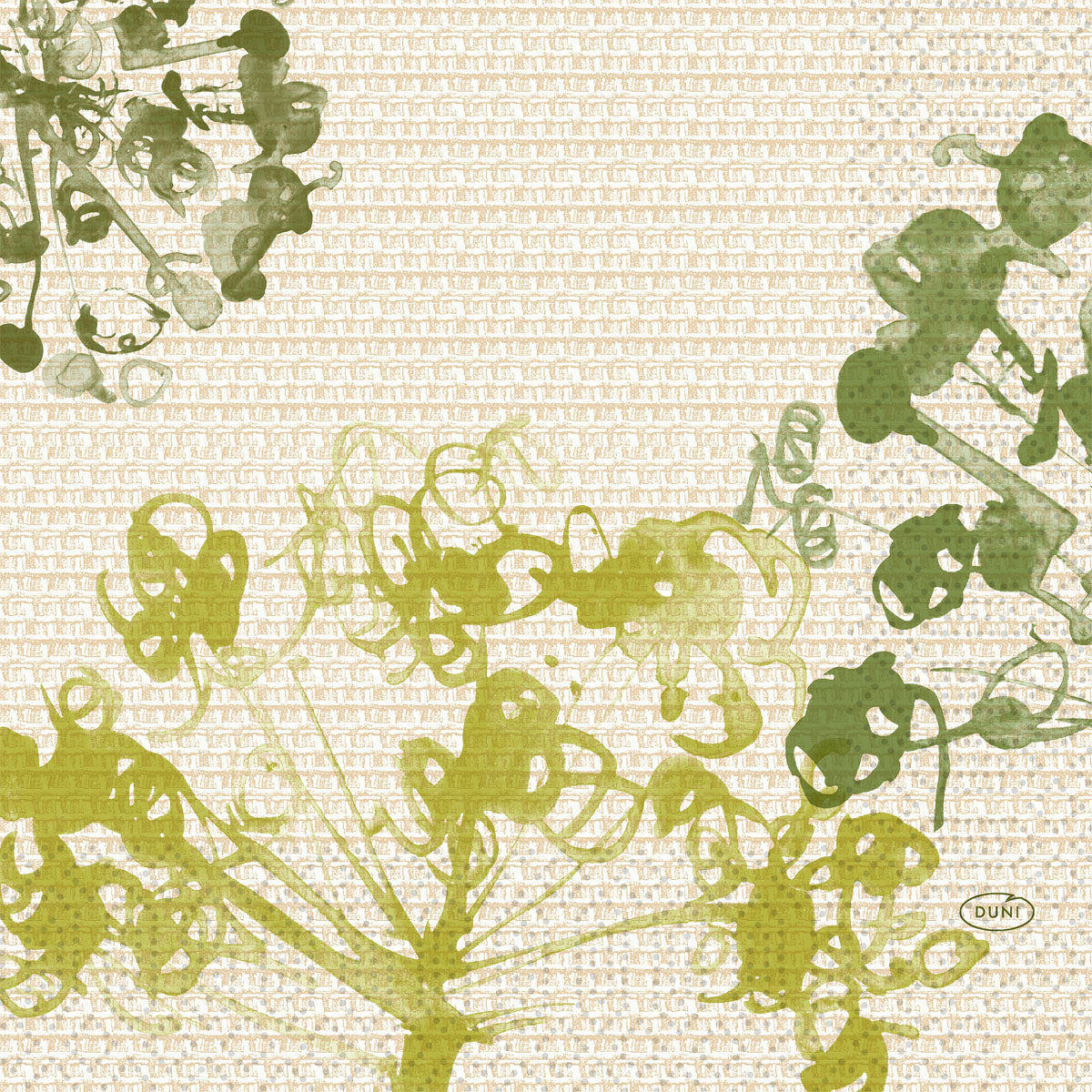 Abstrakte botanische Illustration mit grünen und gelben Formen auf beigefarbenem, strukturiertem, geometrischem Hintergrund - abgebildet auf Zellt.-Serv. 33 3lg 1/4 Green Umbles (250 Servietten) der Duni GmbH. "DUNE" erscheint in einem kleinen Oval unten rechts.