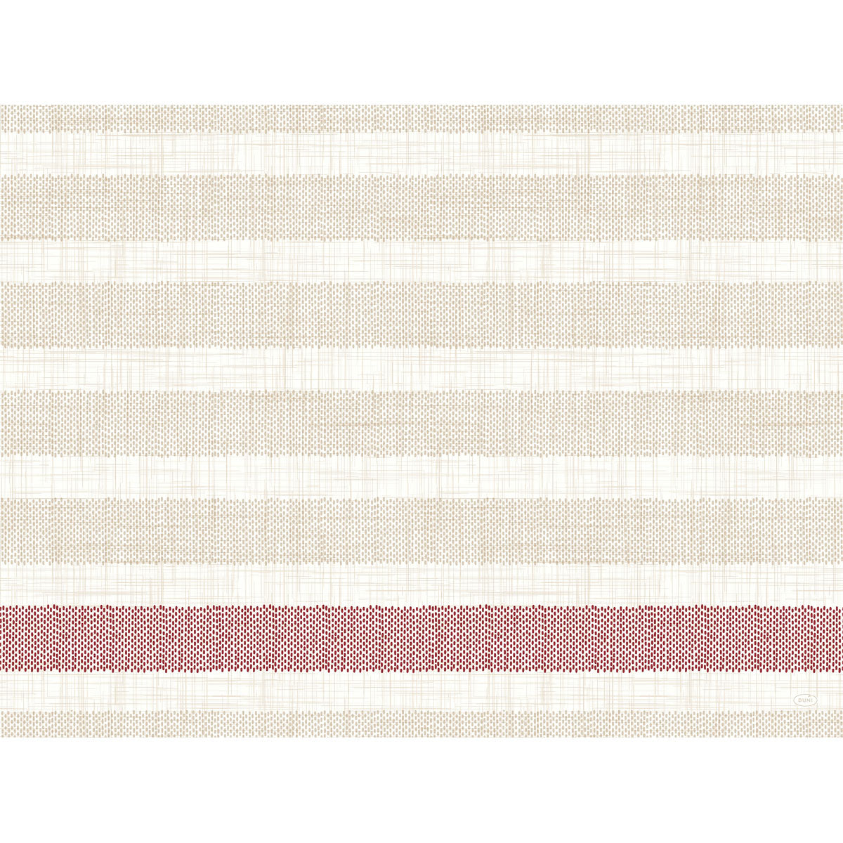 Ein gewebtes Stoffmuster mit hellbeigen und cremefarbenen Querstreifen sowie einem bordeauxroten Streifen, das den eleganten Look der Duni GmbH Bio-Dunicel-Sets 30x40 Rigato Bordeaux Tischsets (Packung 100 Stück) mit einer groben, sich wiederholenden Textur widerspiegelt.