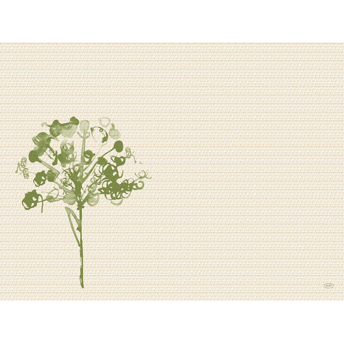 Een minimalistische groene bloem, geïnspireerd door de Bio-Dunicel-sets 30x40 cm, groen (100 stuks) van Duni GmbH, met abstracte details aan de linkerkant van een beige, gestructureerde achtergrond en een royale lege ruimte aan de rechterkant.