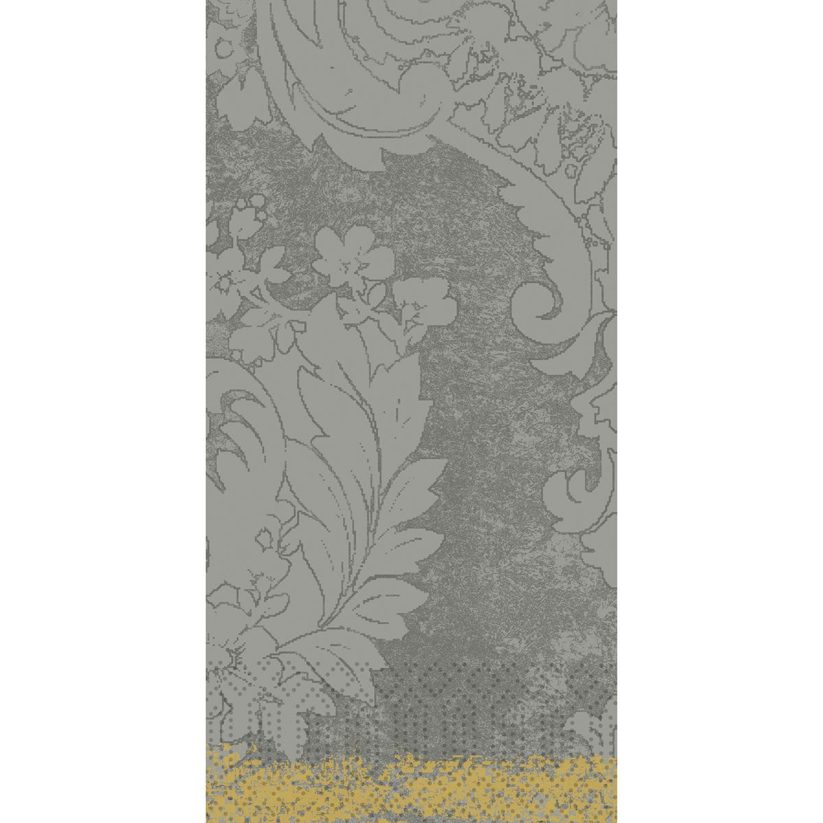 De Zellt.-Serv.40x40 3lg 1/8 Royal gran.grey papieren servetten (250 stuks per pak) van Duni GmbH zijn voorzien van een kunstig grijs bloemen- en bladmotief en een gele stiprand, en geven elke gedekte tafel elegantie.