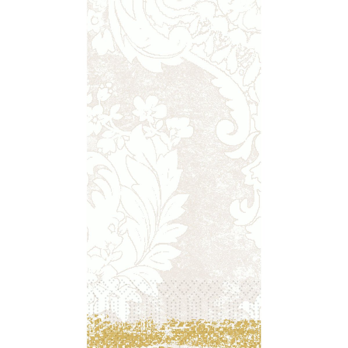 Een gestructureerde witte achtergrond met subtiele bloemen- en bladmotieven en een decoratieve gepixeleerde gouden band - ideaal om de Duni GmbH Zellt.-Serv.40x40 3lg 1/8 Royal white papieren servetten (verpakking met 250 servetten) in een elegant kader te presenteren.