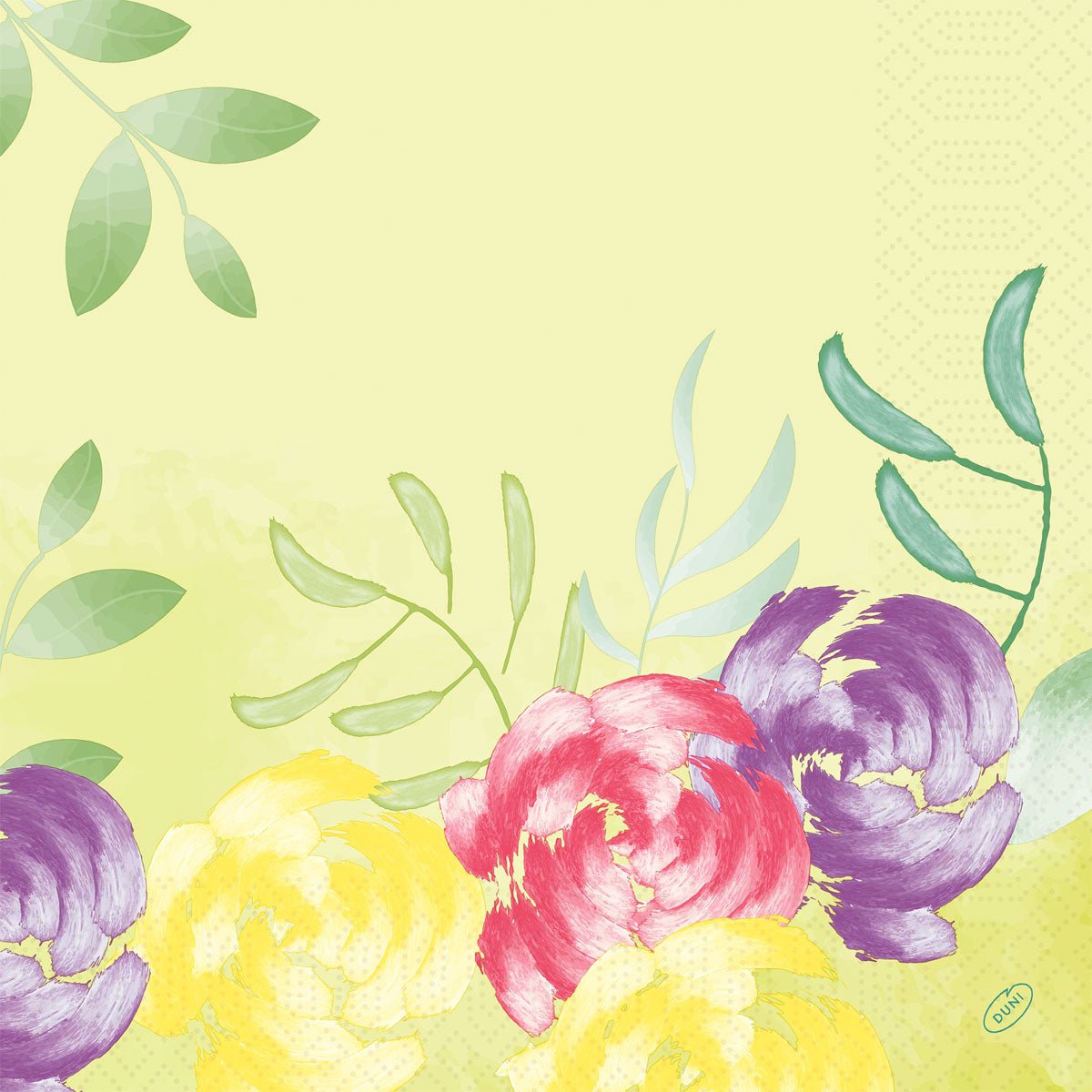 Met een lichtgele achtergrond met groene bladeren en drie grote gele, roze en paarse bloemen bieden de "Servetten 40x40 cm 3-laags Soft Tropics" van Duni GmbH een tropische uitstraling. De verpakking bevat 250 hoogwaardige servetten.