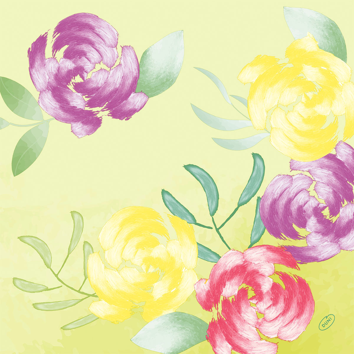 Eine digitale Illustration von vier runden rosa, gelben und roten Blüten mit grünen Blättern auf einem hellgelben Hintergrund spiegelt die sanfte Eleganz der Servietten 40x40 cm 4lagig Klassik Soft Tropics Papierservietten (Packung mit 50 Stück) der Duni GmbH wider.