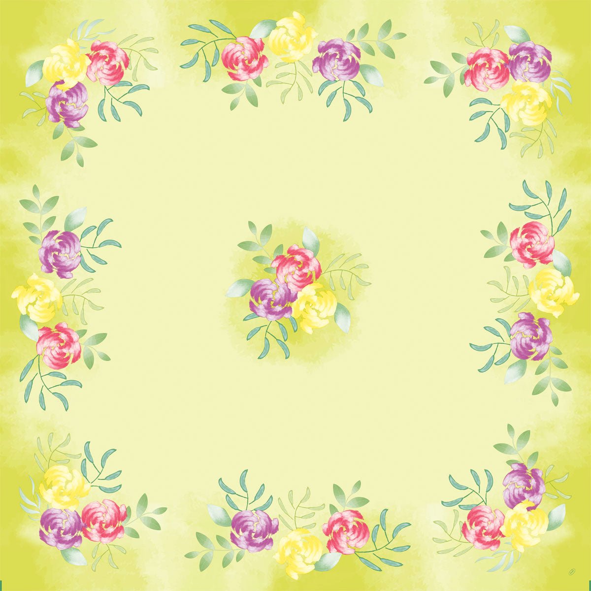 Vierkante Dunicel-middendoek 84x84cm De servet Soft Tropics van Duni GmbH heeft een lichtgele basiskleur met bloemen in aquarelstijl en groene bladeren in de hoeken en in het midden, waarbij het midden grotendeels leeg blijft - ideaal voor tropische thema's. Verpakking: 20 stuks.