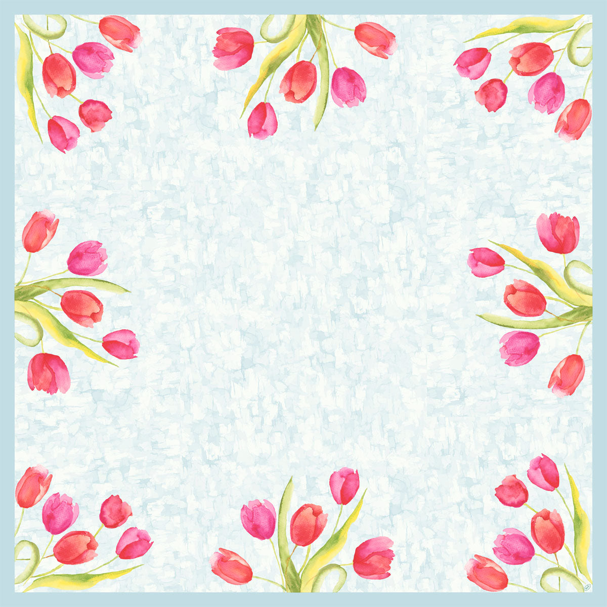 Aquarellierte rosa und rote Tulpen mit grünen Blättern schmücken die Ecken dieser 84x84 cm großen Dunicel Mitteldecke der Duni GmbH. Die Mitte ist einfarbig, ideal für den vielseitigen Einsatz. Die Packung enthält 20 Stück mit gemalten Tulpenmotiven.