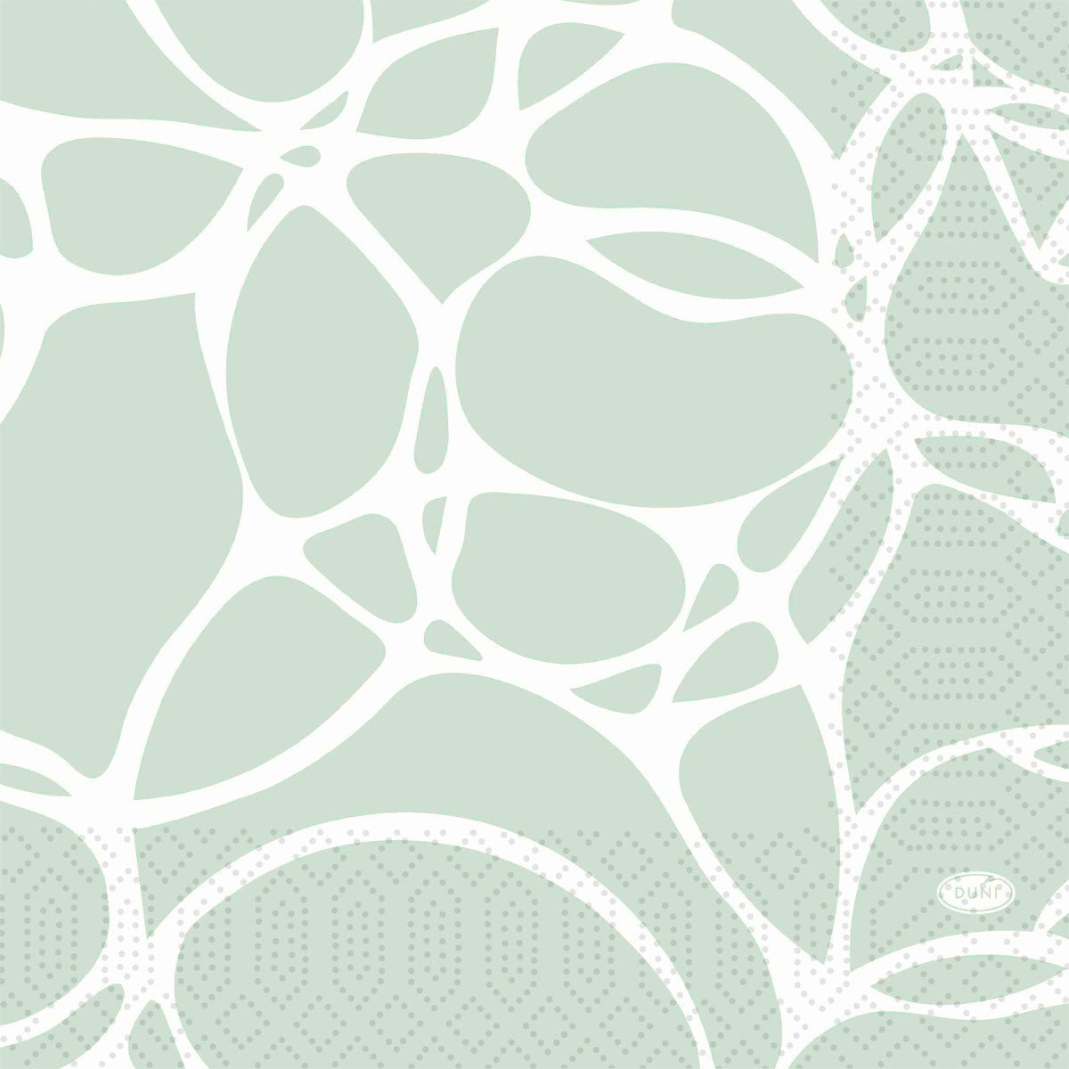 Abstract ontwerp met grote, onregelmatige witte vormen op een lichtgroene achtergrond en gestippelde patronen. "Duni" staat rechtsonder - ideaal voor Duni GmbH servetten 33 cm 3-laags 1/4-vouw Ocean Mint papieren servetten, verpakking (250 stuks).