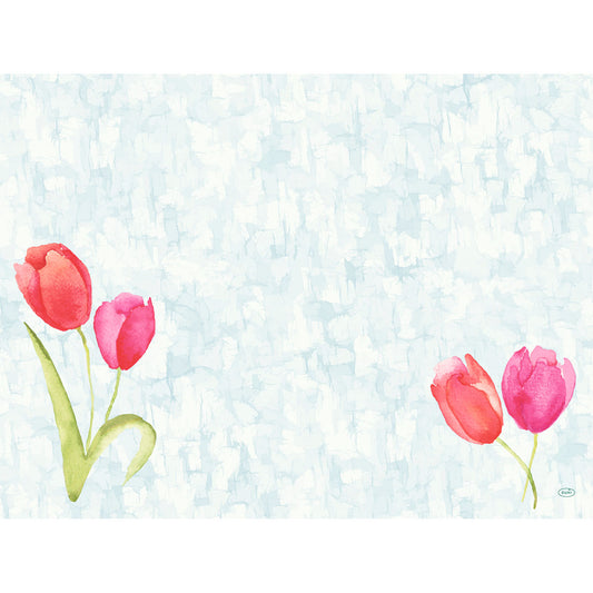 Die Aquarellillustration von vier rosa Tulpen auf hellblauem Hintergrund ziert die Bio-Dunicel-Sets 30x40 cm von Duni GmbH - hochwertige Tischsets (Packung mit 100 Stück) mit zentralem Freiraum, ideal für stilvolle Tafeldekoration.