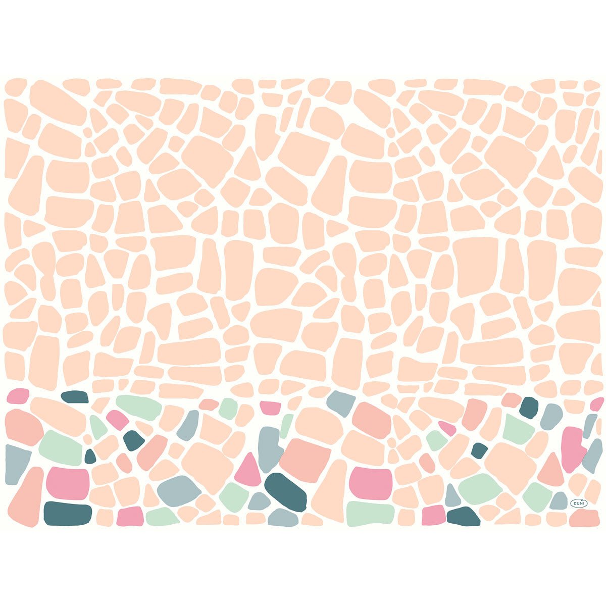 De Bio-Dunicel-sets 30x40 Ocean Pebbles van Duni GmbH tonen een abstract ontwerp met afgeronde perzikvormen en heldere roze, groene, blauwe en grijze accenten op wit. Perfect als decoratieve placemats. Verpakking van 100 stuks.