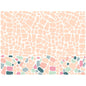 De Bio-Dunicel-sets 30x40 Ocean Pebbles van Duni GmbH tonen een abstract ontwerp met afgeronde perzikvormen en heldere roze, groene, blauwe en grijze accenten op wit. Perfect als decoratieve placemats. Verpakking van 100 stuks.