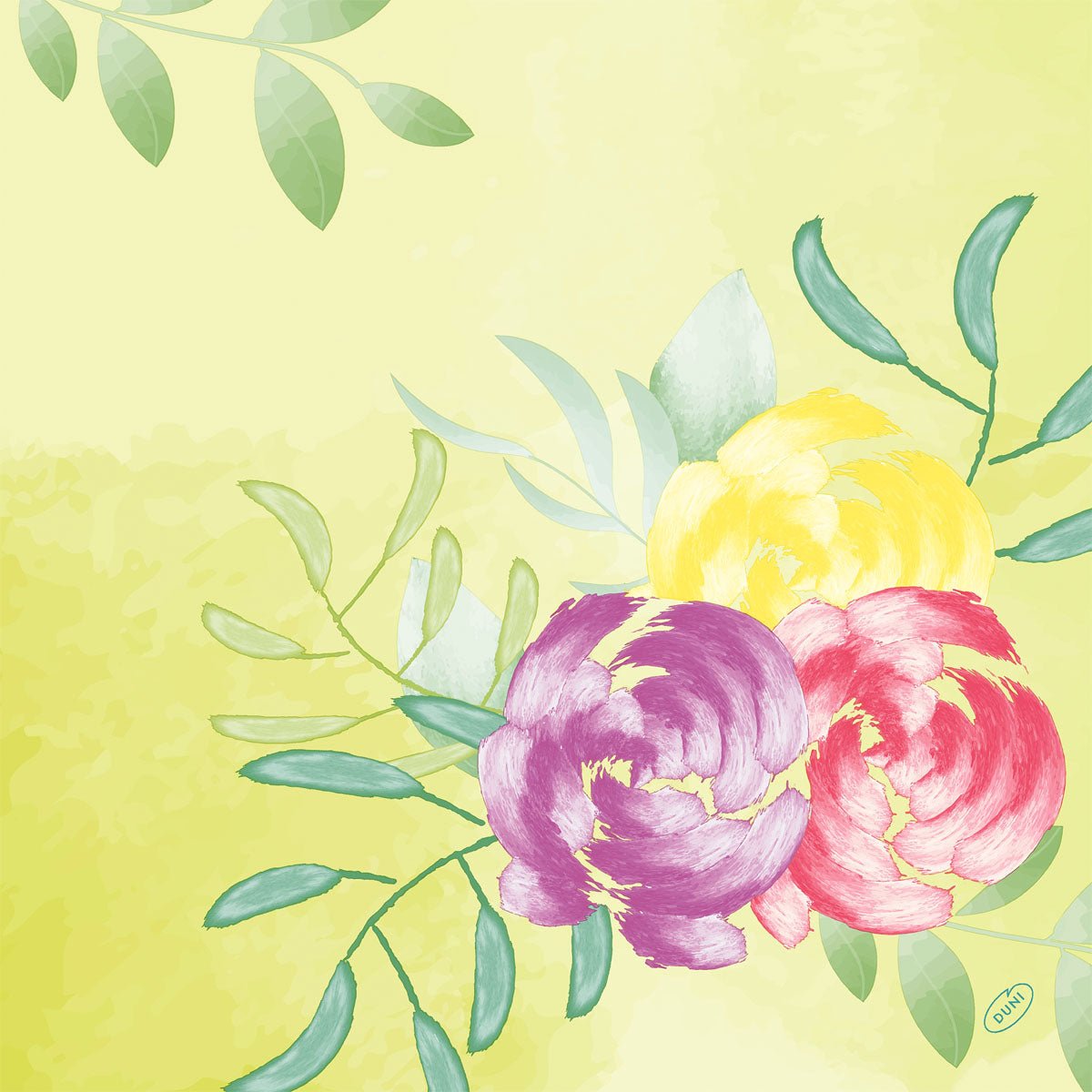 Een illustratie in aquarelstijl met gele, paarse en roze bloemen met groene bladeren op een licht geelgroene achtergrond, perfect voor de Bio-Dunisoft-Serv. 40x40cm van Duni GmbH.