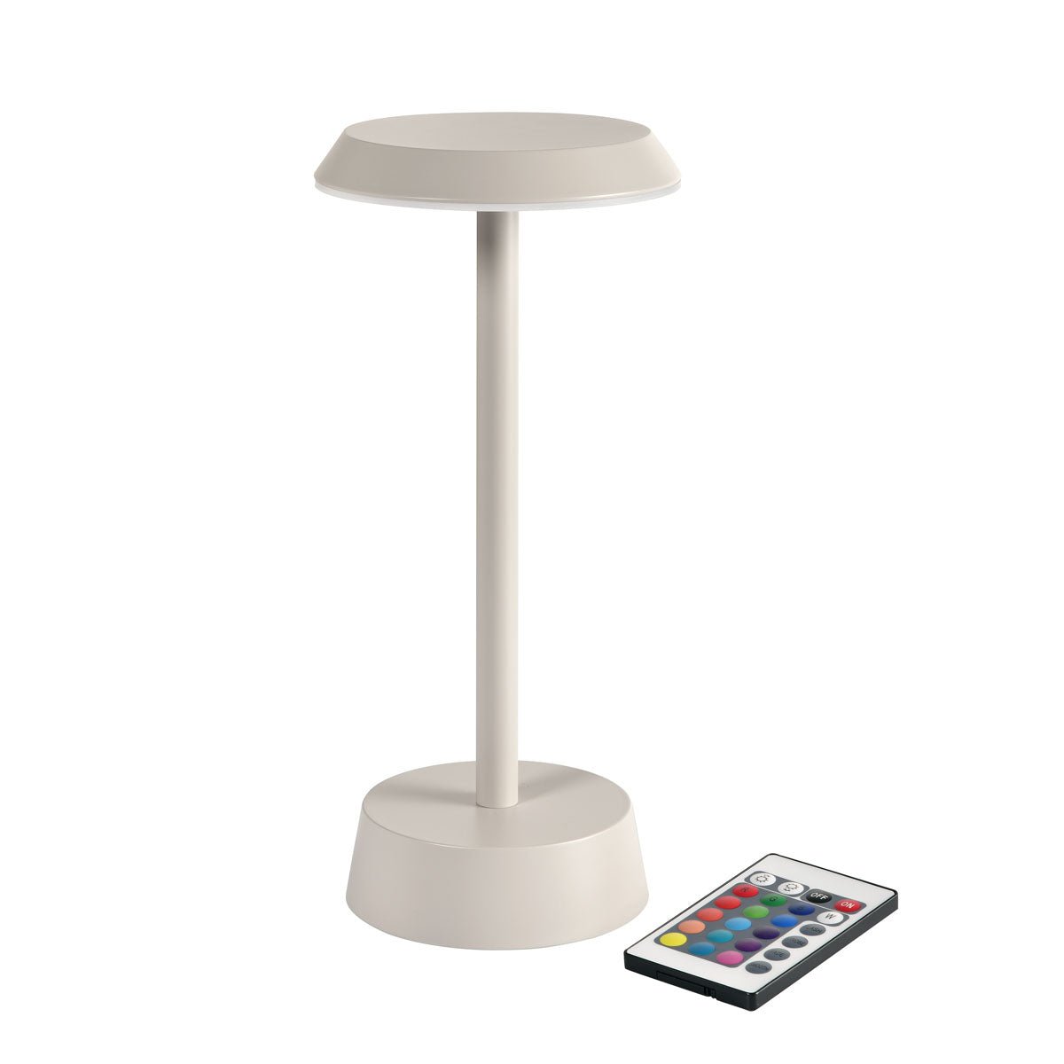De NOUR LED-lamp draadloos taupe van Duni GmbH is een moderne tafellamp met een platte kap en ronde basis, die bediend wordt met een multifunctionele afstandsbediening - perfect voor stijlvolle tafelverlichting.