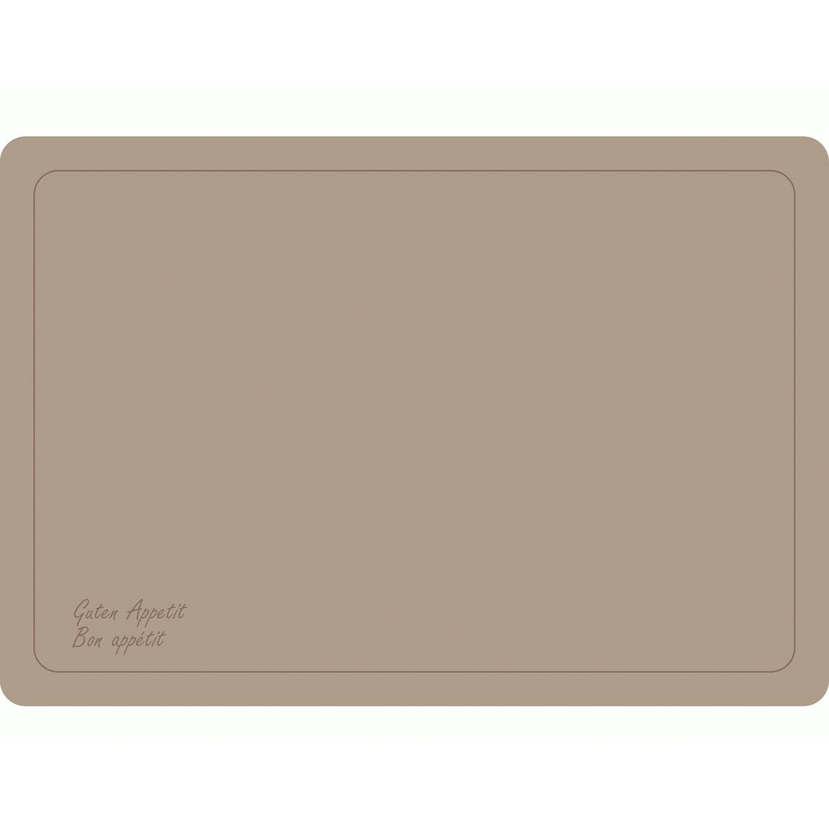 Het Dunicel-Set 33x48cm Guten Appetit greige van Duni GmbH is een rechthoekige placemat met afgeronde hoeken, dubbele rand en "Guten Appetit Bon appétit" in handschrift - perfect voor 500 stuks wegwerpbesteksets.