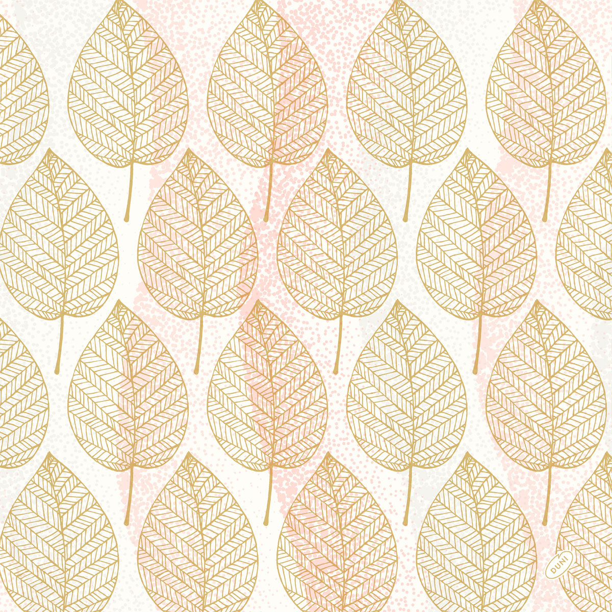 Ein nahtloses Muster aus goldumrandeten Blättern mit detaillierten Adern auf weißen und rosafarbenen Akzenten ziert die Bio-Dunisoft-Servietten 40x40cm der Duni GmbH und schafft einen sauberen, dekorativen Look, der ideal für den umweltfreundlichen Gebrauch ist.