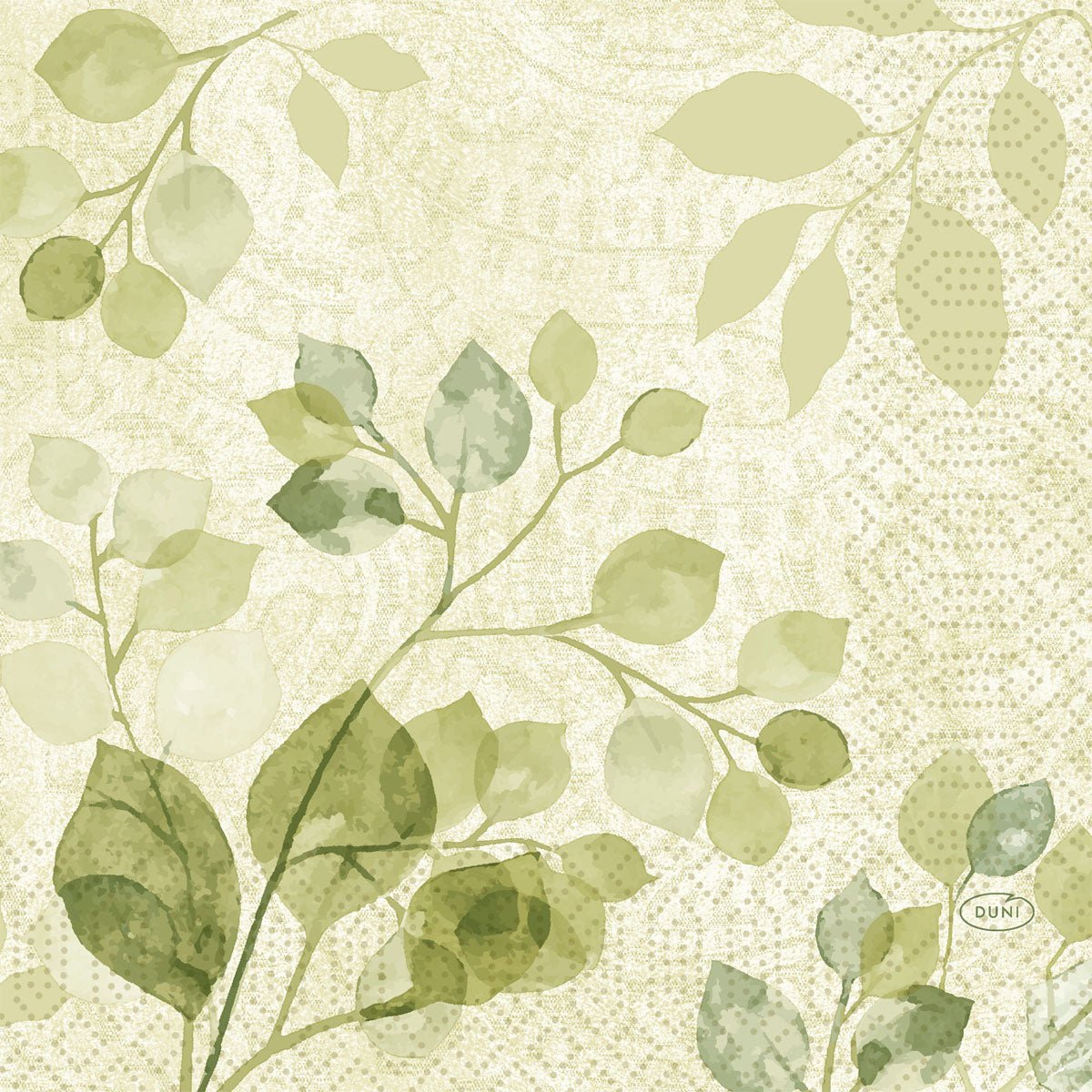 De Duni GmbH servetten 33x33 3-laags 1/4 Paisley Bladeren (50 stuks) tonen een aquarelontwerp met groene, bladachtige takken op licht beige en subtiele paisleypatronen en bieden een zachte, natuurlijke uitstraling met delicate, gestructureerde details.
