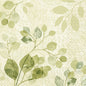 De Duni GmbH servetten 33x33 3-laags 1/4 Paisley Bladeren (50 stuks) tonen een aquarelontwerp met groene, bladachtige takken op licht beige en subtiele paisleypatronen en bieden een zachte, natuurlijke uitstraling met delicate, gestructureerde details.