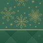 De Duni GmbH servetten 33x33 3-laags 1/4 Rhombus groen hebben een groene achtergrond met gouden sneeuwvlokken, sterren, geometrische accenten, een horizontale gouden lijn en een ovaal Duni-logo - ideaal voor feestelijk gedekte tafels. Verpakking: 250 stuks.