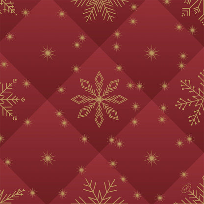 Rot gesteppter Hintergrund mit goldenen Schneeflocken und leuchtenden Sternen, die die festliche Eleganz der Bio-Dunisoft-Servietten 40x40cm der Duni GmbH widerspiegeln - umweltfreundliche Servietten für jeden besonderen Anlass.