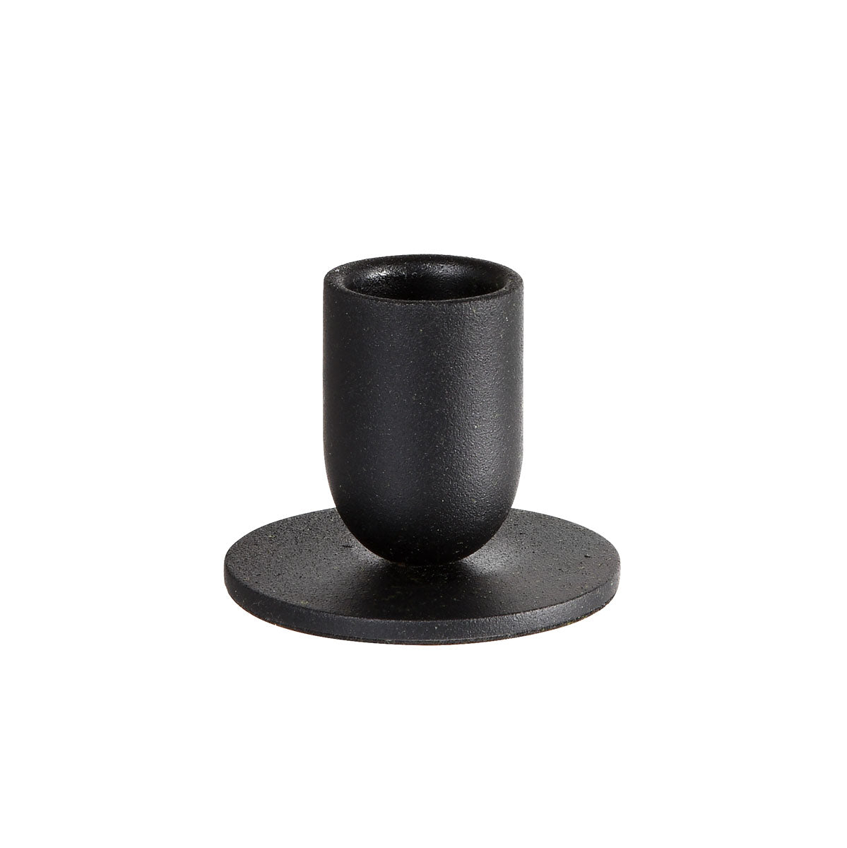 De metalen kandelaar van Duni GmbH in Totem-design (5,7x4,3 cm, 1 stuk) in elegant zwart met cilindrische beker en ronde voet is ideaal voor moderne binnenhuisdecoratie; gepresenteerd tegen een witte achtergrond.