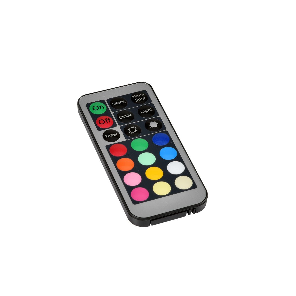 De Duni GmbH LED-afstandsbediening, multi - Universele bediening voor LED-verlichting (1 stuk) heeft knoppen voor aan/uit, timer, lichtmodi, helderheidsinstelling en 12 kleurkeuzes in een zwart ontwerp met grijze rand en gekleurde knoppen.