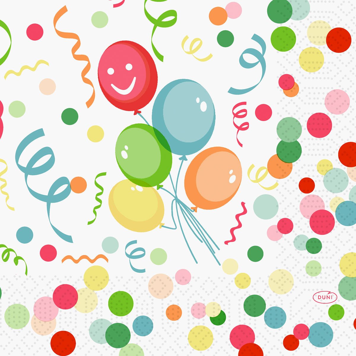 De Duni GmbH Zellt.-Serv. 33 cm 3-laags 1/4-vouw Happy Bubbles servetten (50 stuks) brengen met kleurrijke ballonnen, confettipunten en slingers op een stralende, vrolijke achtergrond een feestelijke sfeer in elk feest.
