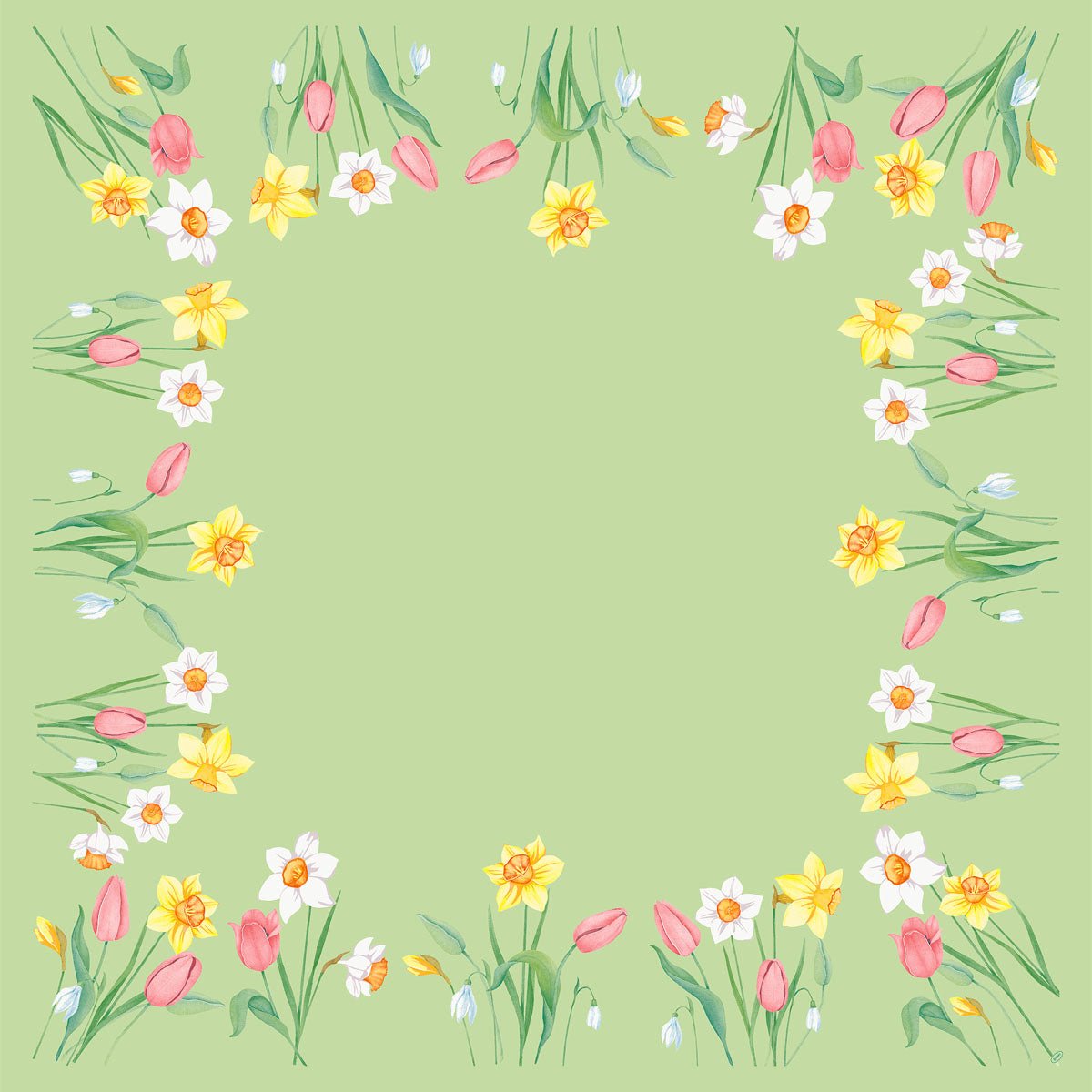 De Dunisilk MD Spring Melody 84x84 cm tafellaken van Duni GmbH heeft een lichtgroene achtergrond met een rand van aquarel bloemen, waaronder tulpen en narcissen - ideaal voor elegante lente-tafeldecoratie. Verpakking met 20 stuks.