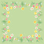 De Dunisilk MD Spring Melody 84x84 cm tafellaken van Duni GmbH heeft een lichtgroene achtergrond met een rand van aquarel bloemen, waaronder tulpen en narcissen - ideaal voor elegante lente-tafeldecoratie. Verpakking met 20 stuks.