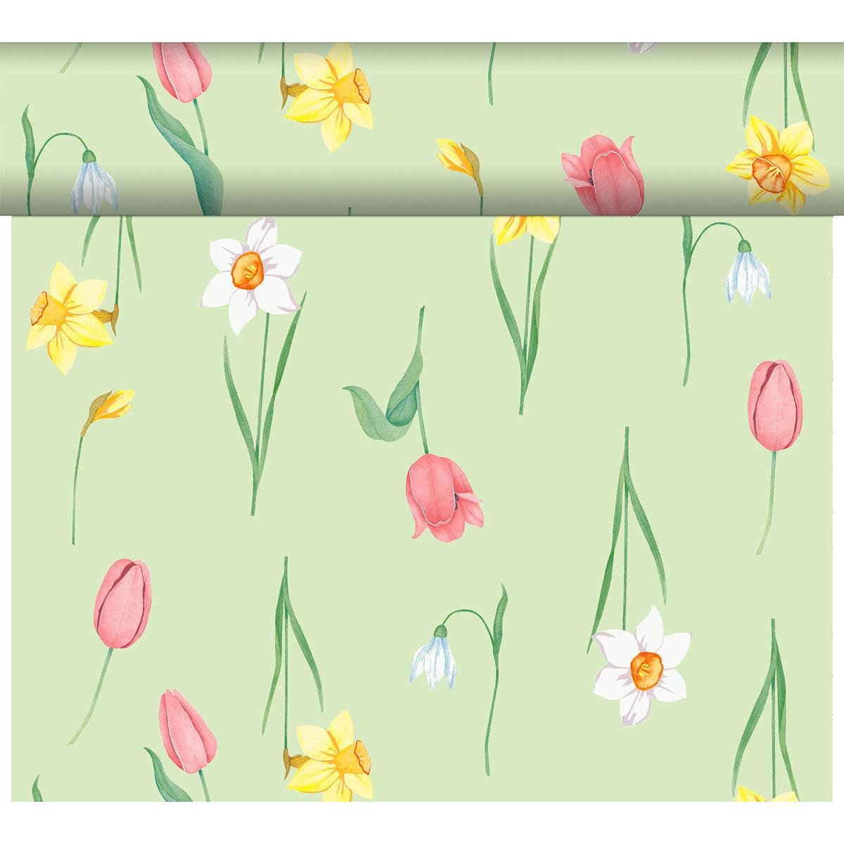 De Bio-DC-Tete a Tete 0,4x24m van Duni GmbH is een lichtgroen behang, versierd met roze, gele en witte tulpen, narcissen en sneeuwklokjes - een duurzame decoratie voor uw ruimte.