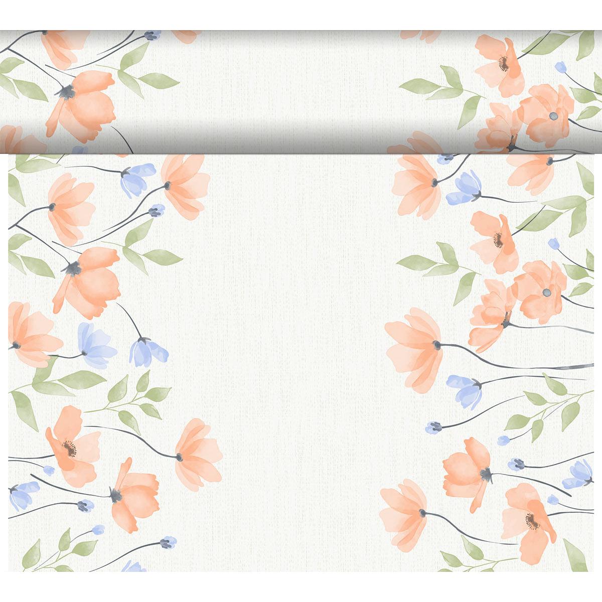 De Bio-DC-Tete a Tete 0,4x24m van Duni GmbH heeft een witte achtergrond, die aan de boven-, linker- en rechterrand omlijst is met oranje en blauwe bloemen en groene bladeren in aquarelstijl, waarbij het midden grotendeels vrij blijft voor een duurzame decoratie.