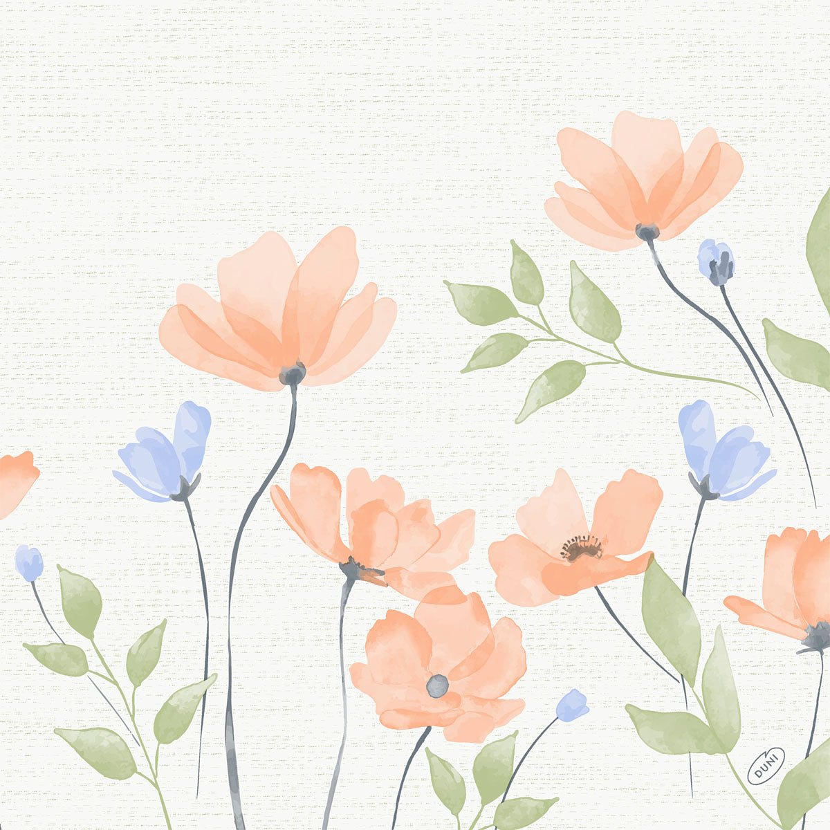 Aquarelillustratie van oranje en lichtblauwe bloemen met groene bladeren op slanke stelen, voor een licht gestructureerde achtergrond, perfect voor de Bio-Dunisoft-Serv van Duni GmbH. 40x40cm.