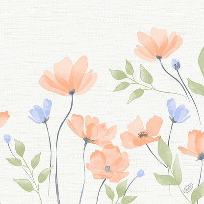 Aquarelillustratie van oranje en lichtblauwe bloemen met groene bladeren op slanke stelen, voor een licht gestructureerde achtergrond, perfect voor de Bio-Dunisoft-Serv van Duni GmbH. 40x40cm.