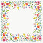 Een rechthoekige rand met kleurrijke wilde bloemen in het Flowy Meadow-ontwerp van Duni GmbH omringt een vrije ruimte, ideaal voor het milieuvriendelijke Bio-Dunicel-Mitteld.84x84 Flowy Meadow 20P. | Verpakking (20 stuks) met levendige elegantie.