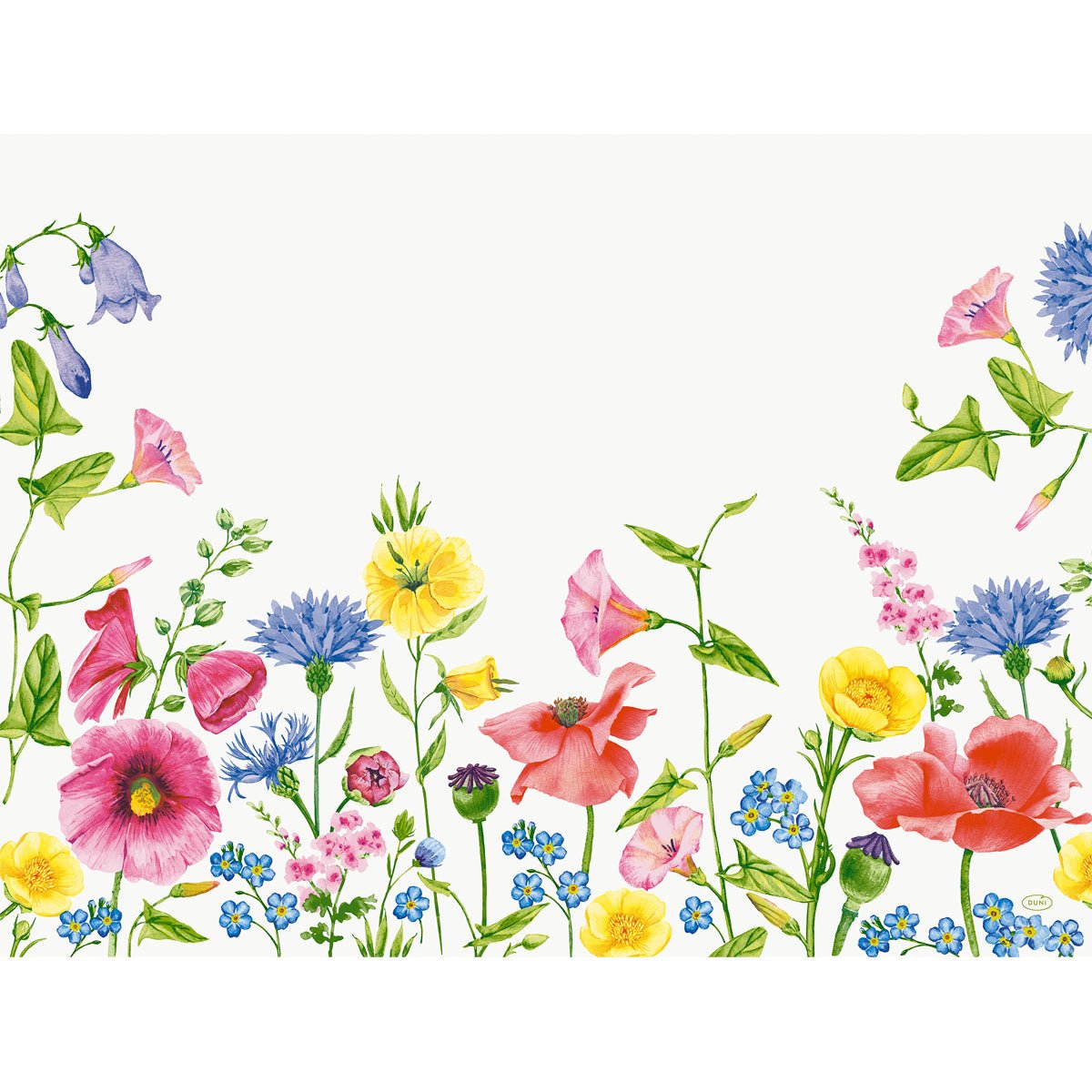 De papieren placemats 30x40cm Flowy Meadow van Duni GmbH tonen betoverende illustraties van roze, gele, blauwe en rode wilde bloemen op een witte achtergrond - perfect om kleur aan uw tafeldecoratie toe te voegen. Verpakking (250 stuks).