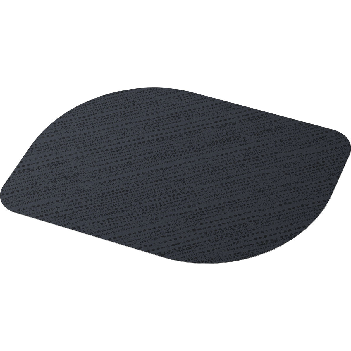 De foto toont een enkele zwarte, ovale Bio-Dunicel-set 28x38cm (Stucco zwart) van Duni GmbH, gemaakt van gerecycled papier en gefotografeerd tegen een witte achtergrond. Verpakking met 100 hoogwaardige placemats.