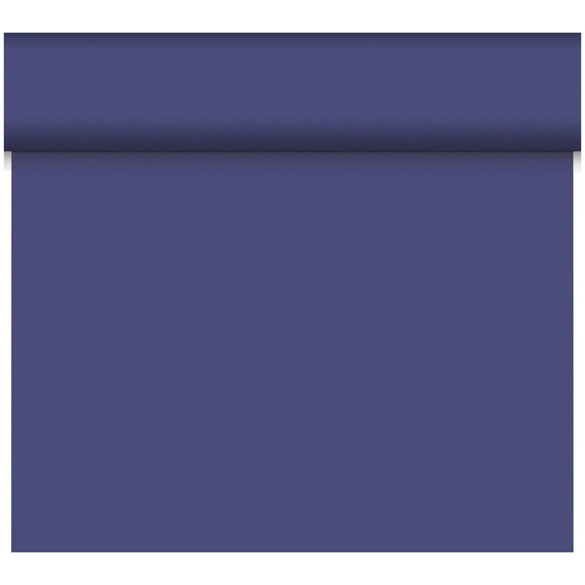 De Duni GmbH Bio-DC-Tete a Tete 0,4x24m heeft een effen blauwe, matte oppervlakte zonder patroon. Gemaakt van biologisch afbreekbaar materiaal, biedt het duurzame decoratie. De rol is gedeeltelijk uitgerold voor een eenvoudige witte achtergrond.