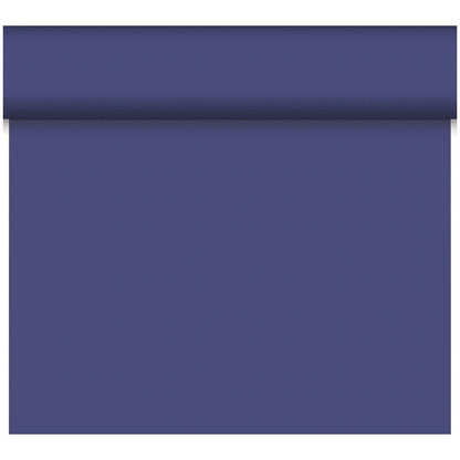 De Duni GmbH Bio-DC-Tete a Tete 0,4x24m heeft een effen blauwe, matte oppervlakte zonder patroon. Gemaakt van biologisch afbreekbaar materiaal, biedt het duurzame decoratie. De rol is gedeeltelijk uitgerold voor een eenvoudige witte achtergrond.