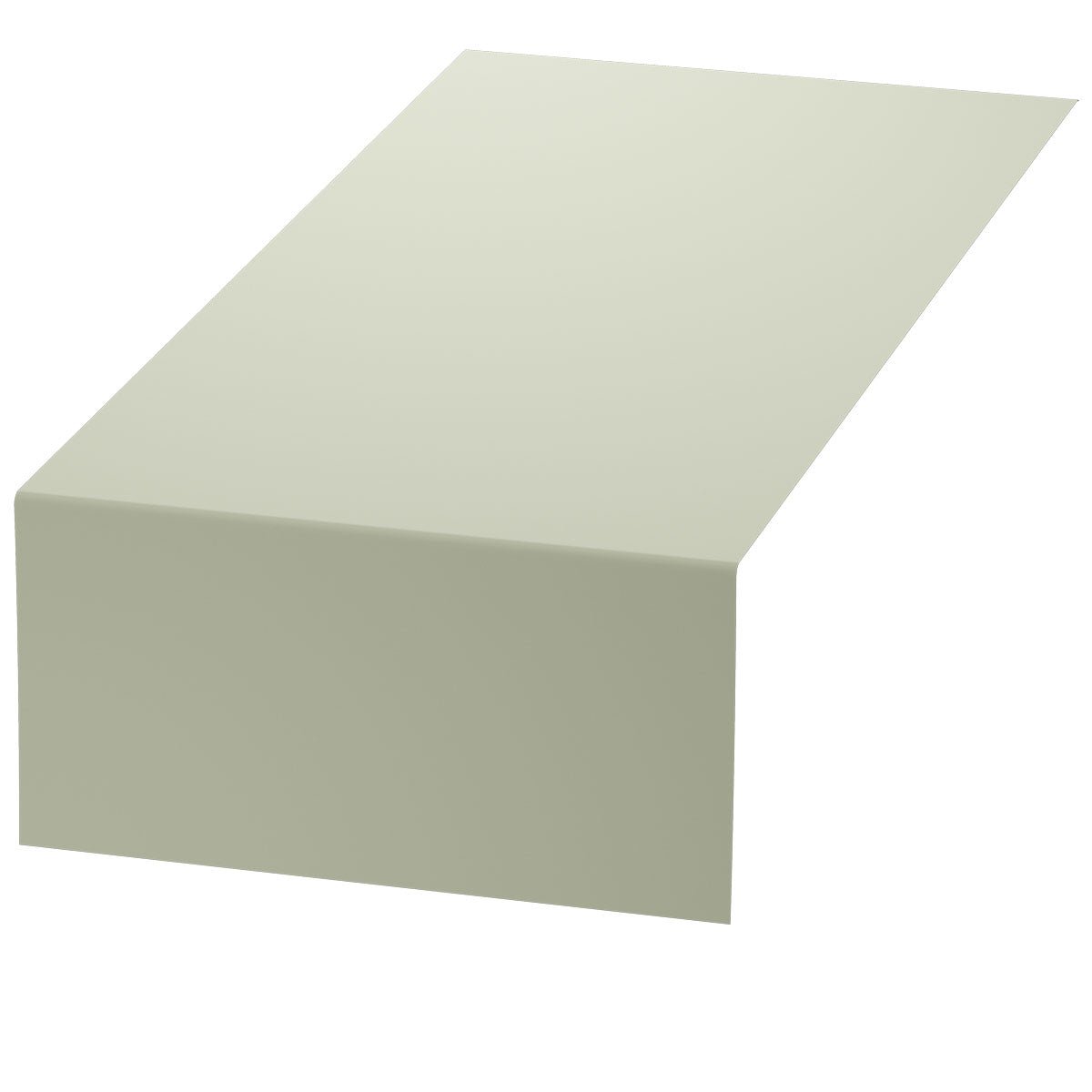 Een eenvoudige, lichtgrijze Duni GmbH Bio-DC-Tete a Tete 0,4x24m tafelloper, milieuvriendelijk en biologisch afbreekbaar, is netjes over een rechthoekige tafel voor een witte achtergrond gedrapeerd.