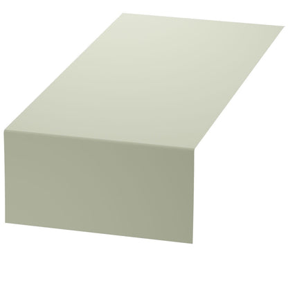 Een eenvoudige, lichtgrijze Duni GmbH Bio-DC-Tete a Tete 0,4x24m tafelloper, milieuvriendelijk en biologisch afbreekbaar, is netjes over een rechthoekige tafel voor een witte achtergrond gedrapeerd.