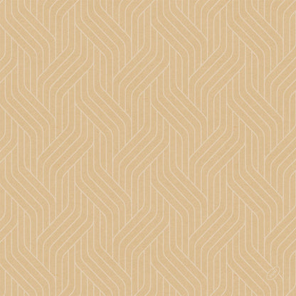 Lichtbruine achtergrond met zich herhalende, in elkaar grijpende witte chevronlijnen en een klein cirkelvormig logo rechtsonder, dat duurzaam, door Bio-Dunisoft-Serv geïnspireerd ontwerp weerspiegelt. 40x40cm van Duni GmbH.