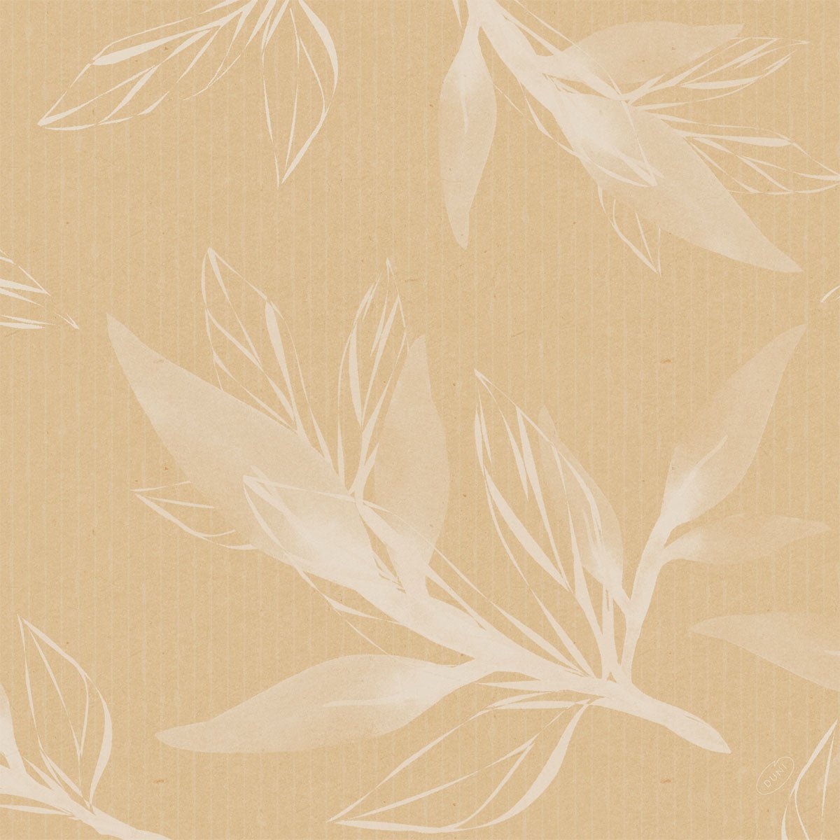 Een lichtbruine Bio-Dunisoft-Serv. 40x40cm van Duni GmbH toont een subtiele verticale streepstructuur en witte, halftransparante botanische bladillustraties, die het zachte gevoel van biologische katoen en een milieuvriendelijke esthetiek oproepen.