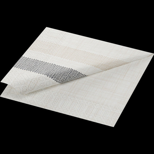 Die weiße quadratische Dispenser-Serv 33x33 Rigato black Serviette der Duni GmbH ist an einer Ecke gefaltet und zeigt ein strukturiertes, horizontales Muster in Beige, Grau und Schwarz - ideal für die stilvolle Präsentation in der Gastronomie. Packung: 300 Stück.