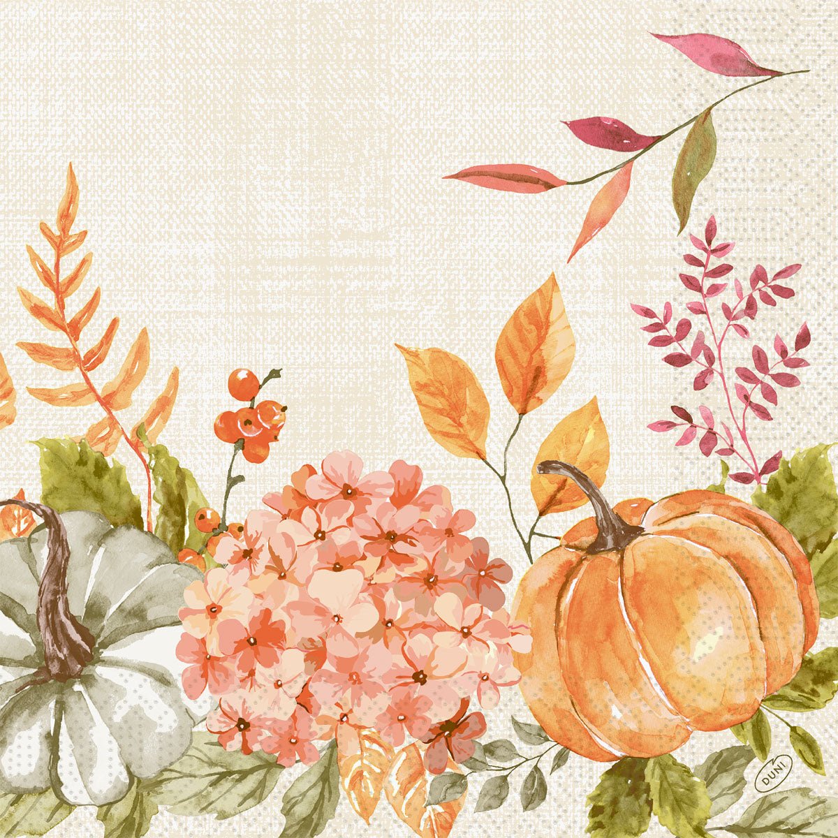 Aquarel-oranje en groene pompoenen, pittige pompoentinten, roze hortensia's en herfstbladeren sieren de onderrand - ideaal voor Duni GmbH servetten 40x40 3-laags 1/4 Spicy Pumpkin (verpakking van 250 stuks) ontwerpen.