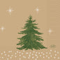 Een groene kerstboom op lichtbruine achtergrond met witte sterren en geometrische patronen siert de servetten 24x24 3-laags "Humble Trees" (250 stuks) van Duni GmbH. Het kleine "DUNI"-logo bevindt zich in een ovaal rechtsonder, en de servetten zijn milieuvriendelijk.