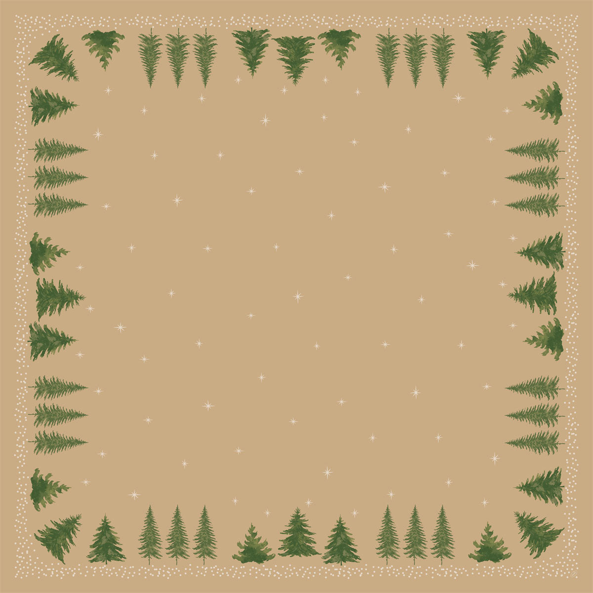 Ein hellbraunes Quadrat mit weißen Punkten und Sternen, umrahmt von grünen Tannen, schafft einen festlichen Look - ideal für die Tischdekoration mit der Bio-Dunicel-Mitteldecke 84x84cm "Humble Trees" von Duni GmbH (Packung: 20 Stück, biologisch abbaubar).