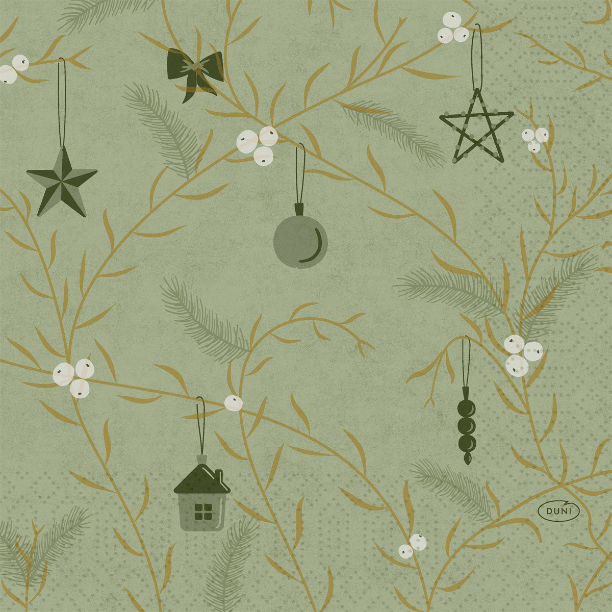 Duni Servietten 1/4-Falz "Noel" (33x33 cm, pistaziengrün) von Duni GmbH zeigen ein grünes Design mit goldenen Zweigen, weißen Beeren, Sternen, Schleifen, einem Haus und Ornamenten für eine festliche Tafel. Packung mit 250 Stück.