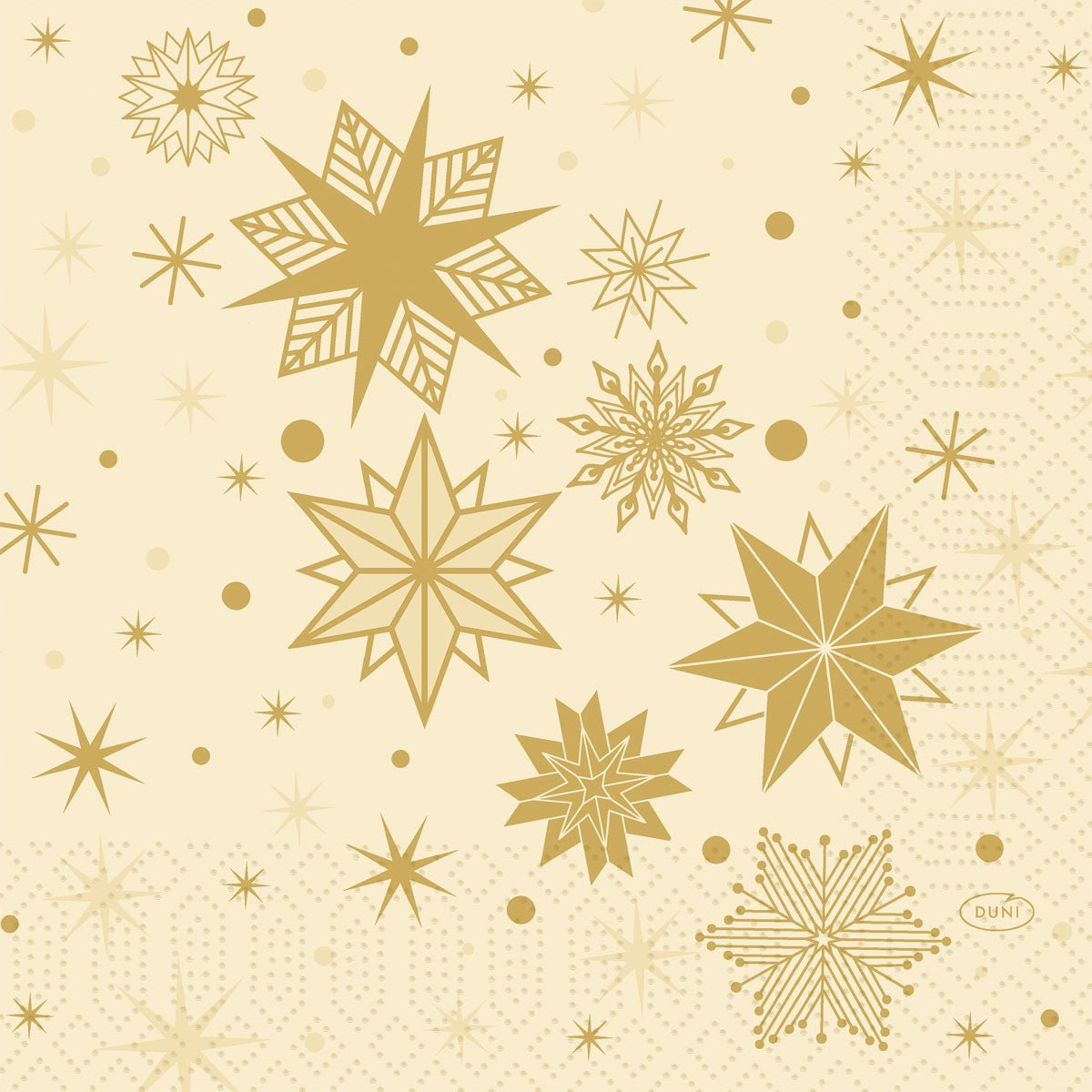 Breng elegantie op uw tafel met de servetten 33x33 3-laags 1/4 Stargazing crème (verpakking van 50 stuks) van Duni GmbH, met gouden geometrische sterren en stippen op een beige achtergrond met subtiel raster- en stippenpatroon.