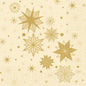 Breng elegantie op uw tafel met de servetten 33x33 3-laags 1/4 Stargazing crème (verpakking van 50 stuks) van Duni GmbH, met gouden geometrische sterren en stippen op een beige achtergrond met subtiel raster- en stippenpatroon.