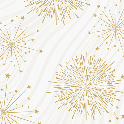 Goldene Starburst- und Feuerwerksmuster mit verschiedenen Linien- und Sternformen schmücken einen weißen Hintergrund mit dezenten grauen Wellen und sorgen für einen festlichen Look - ideal für Duni GmbH Bio-Dunisoft-Servietten 40x40cm zu jedem Anlass.
