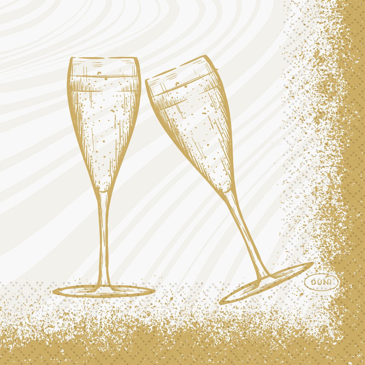 Twee met champagne gevulde champagnefluiten klinken in deze goud-witte illustratie voor Duni GmbH Servetten 24x24 3-laags 1/4 Sparkly Cheers wit (verpakking van 50 stuks), omringd door een gespikkelde gouden rand - perfect voor feestelijke momenten.